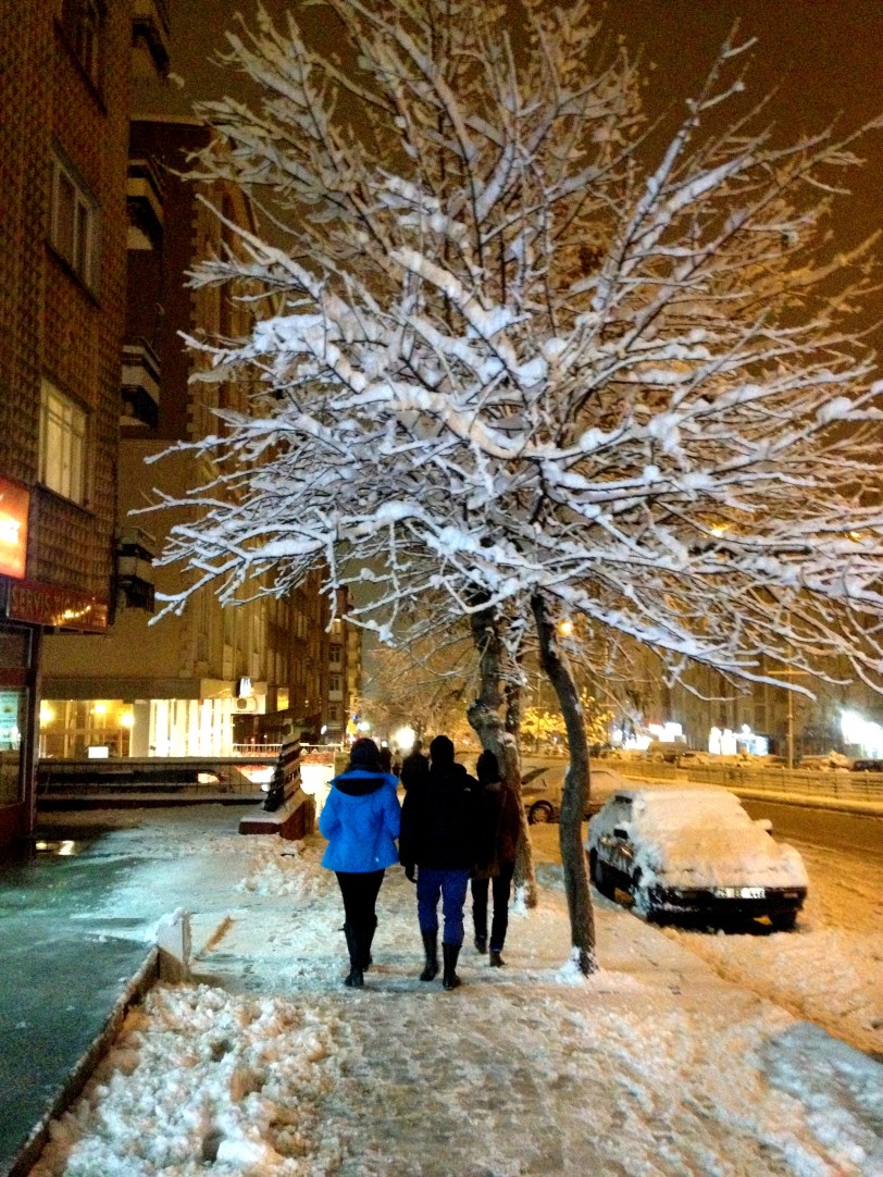 Friends walking to dinner